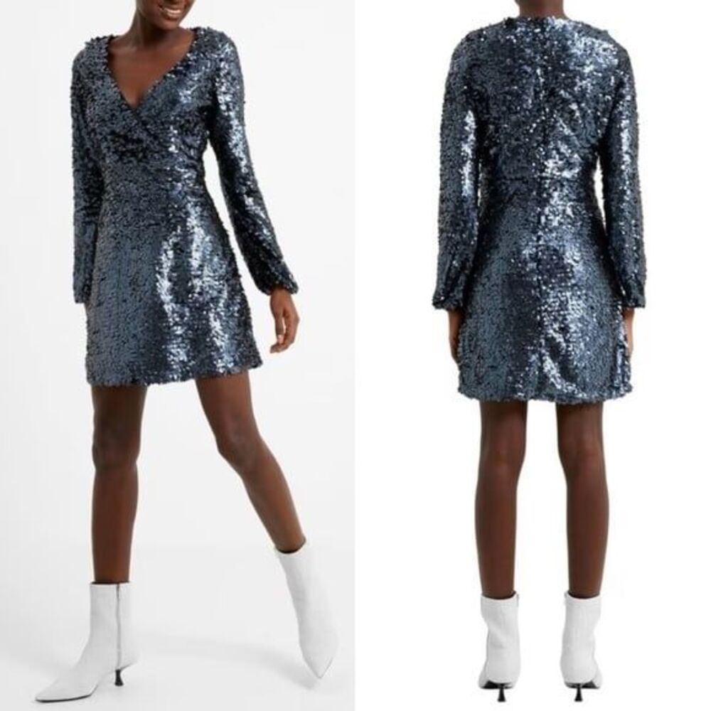 French Connection Sparkly sequin long sleeve v-neck mini dress grey Size US 10